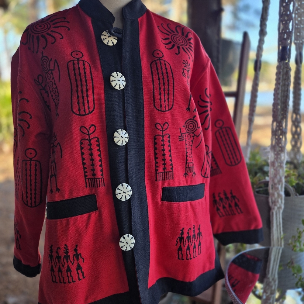 Venus Imports Red Tribal Print Lagenlook Button Front Blazer Jacket Size Small